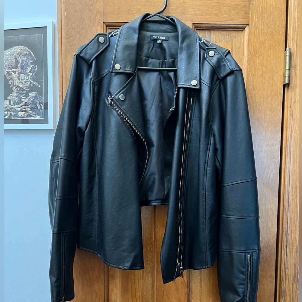 Torrid size 2 Leather jacket with purple floral details; bomber jacket XXL